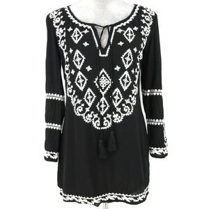 Lulus Top Womens Small Black White Blouse Tassels Embroidered Boho Western